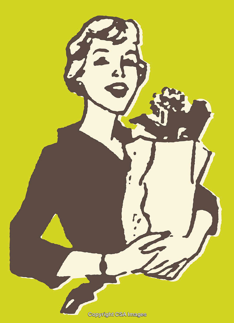 Retro Woman Holding Grocery Bag in Classic Pop Art Style