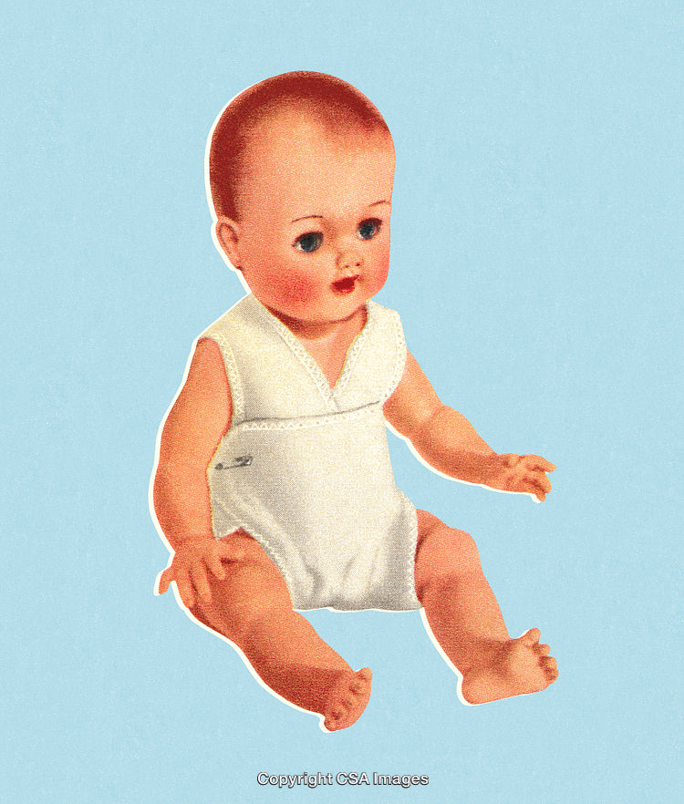 Retro Illustration of a Baby Doll in White Outfit on Blue Background