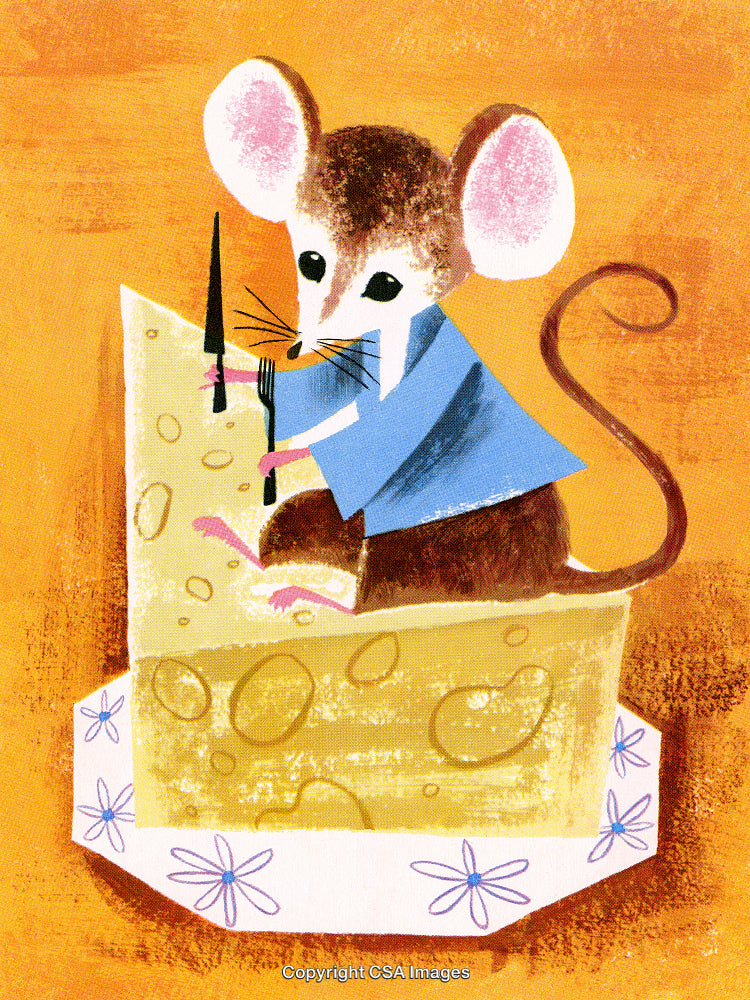 Illustration of a Mouse in Clothing Enjoying Cheese on a Decorative Plate