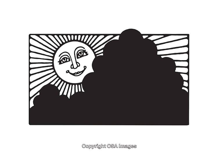Black and White Line Art with Sun and Clouds Illustration