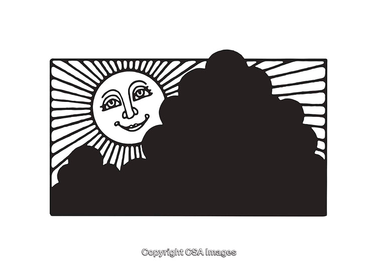 Black and White Line Art with Sun and Clouds Illustration