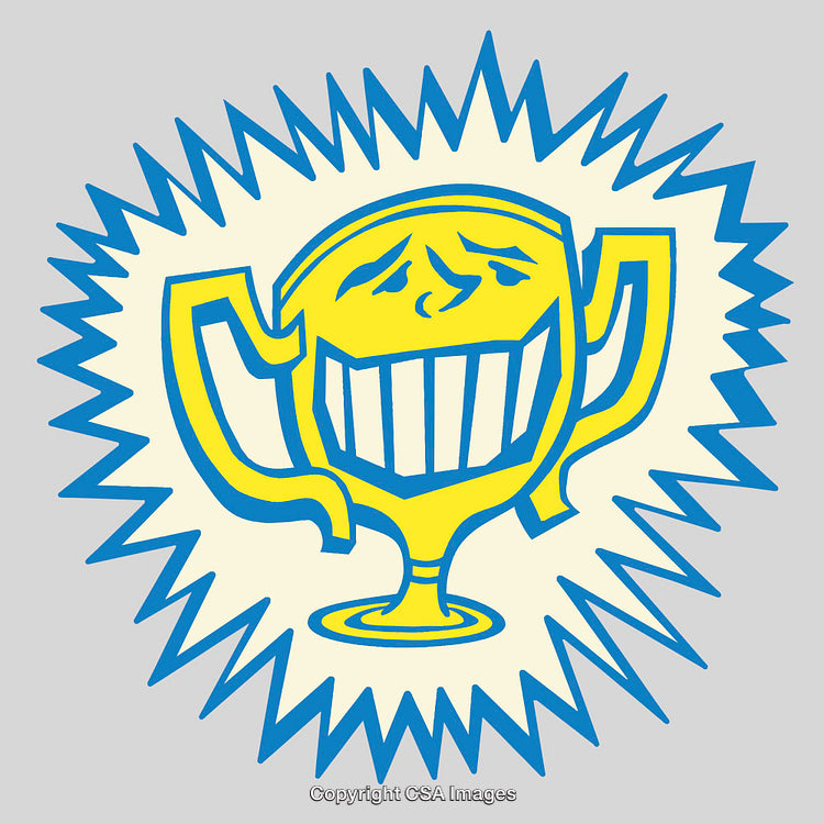 Yellow Trophy Icon Line Art with Expressive Facial Features and Vibrant Design