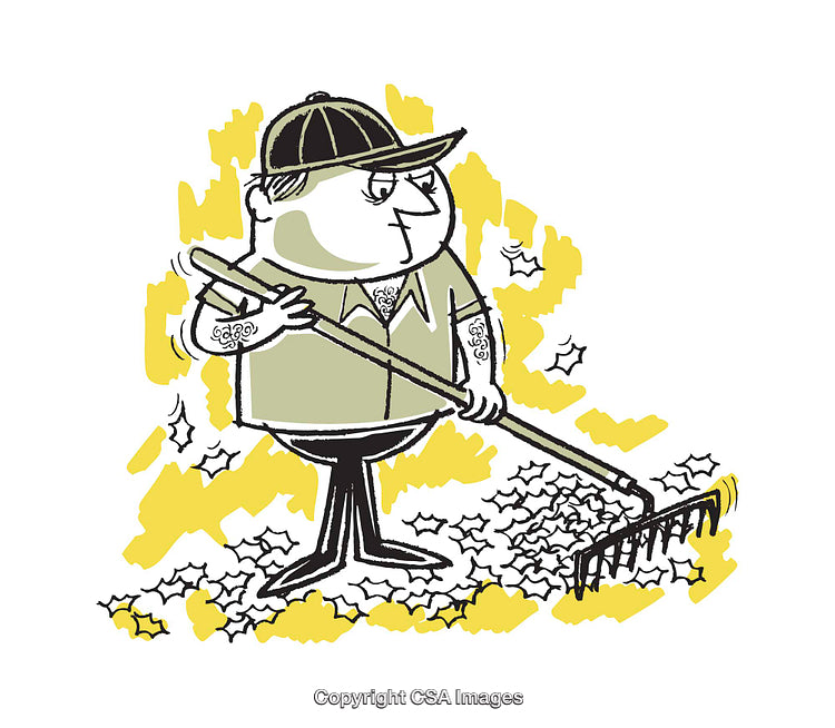 Illustrated Man in Cap Raking Leaves With Bright Yellow Background