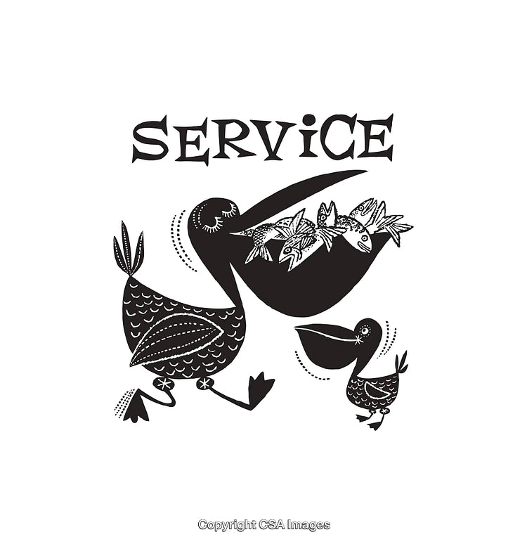 Black and White Line Art Pelican Illustration Featuring Service Concept