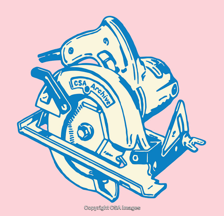 Colorful Line Art Illustration of a Power Saw on a Pink Background