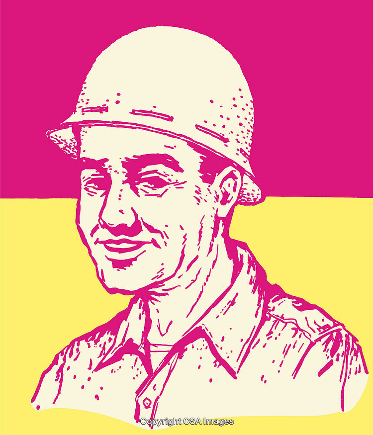 Vibrant Line Art Illustration of a Smiling Man in Helmet and Shirt
