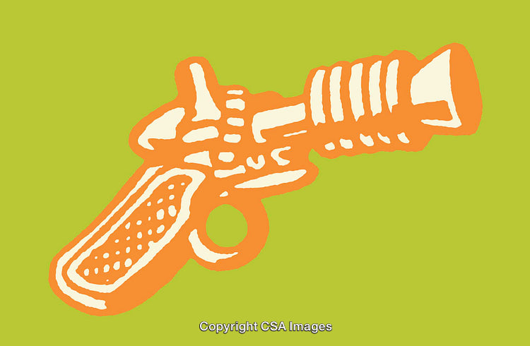 Bright Colorful Illustration of a Futuristic Ray Gun in Pop Art Style