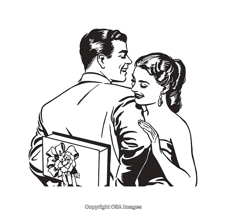 Retro Line Art of a Romantic Couple Exchanging Gifts