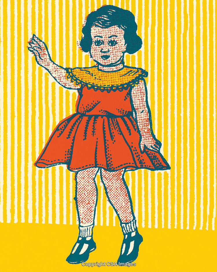 Retro Illustration of a Child in a Vibrant Dress Waving