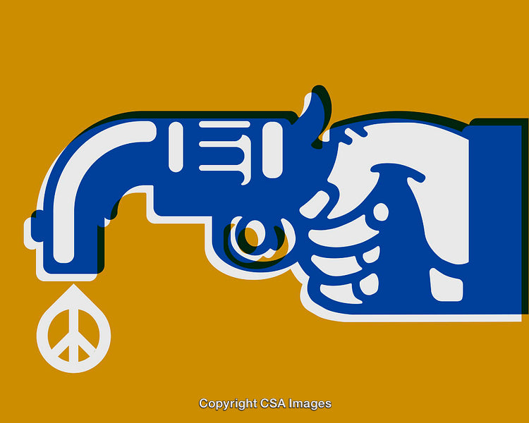Illustrative Art of Peace Sign Drop from Stylized Handgun on Yellow