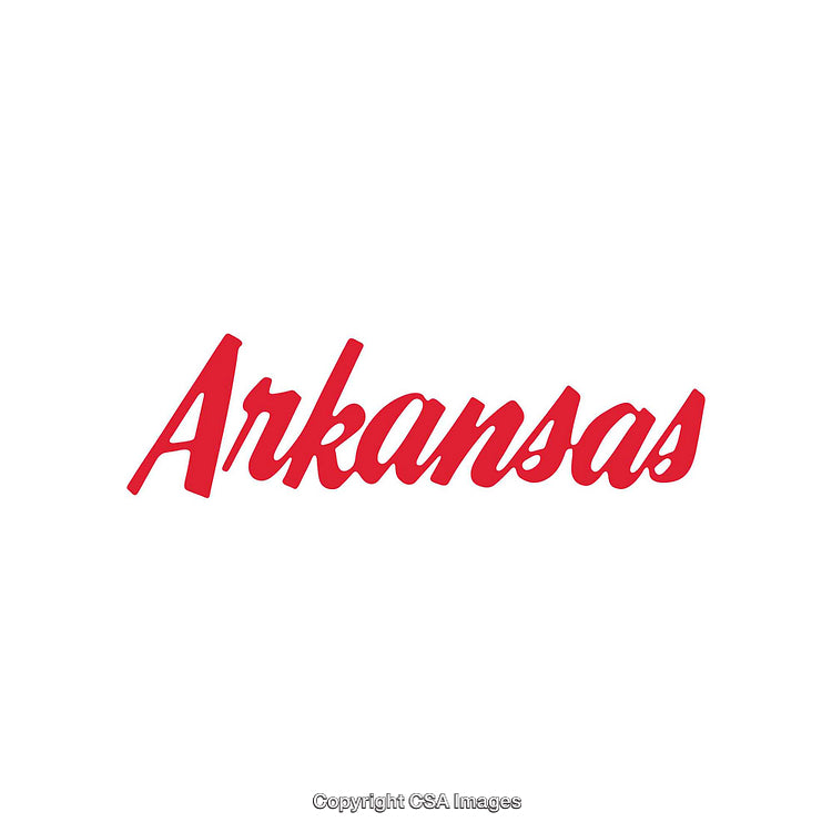 Red Arkansas Text in Bold Script on a White Background