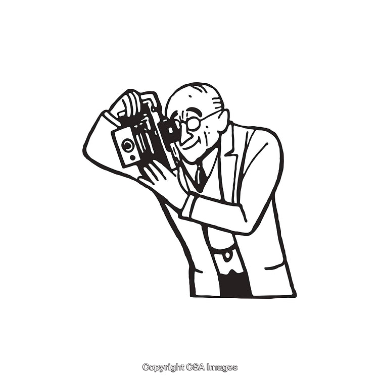 Illustration of a Man Using a Camera in Black and White Line Art