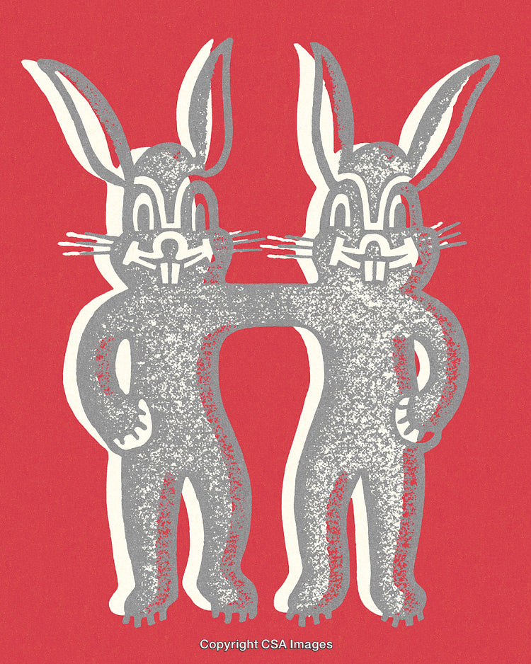 Two Stylized Cartoon Rabbits Embracing on Bold red Background