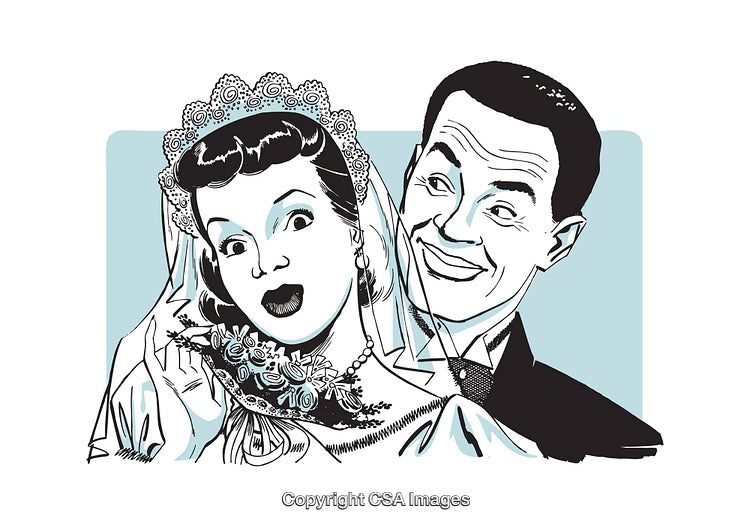 Retro Illustration of a Happy Bridal Couple with Expressive Faces