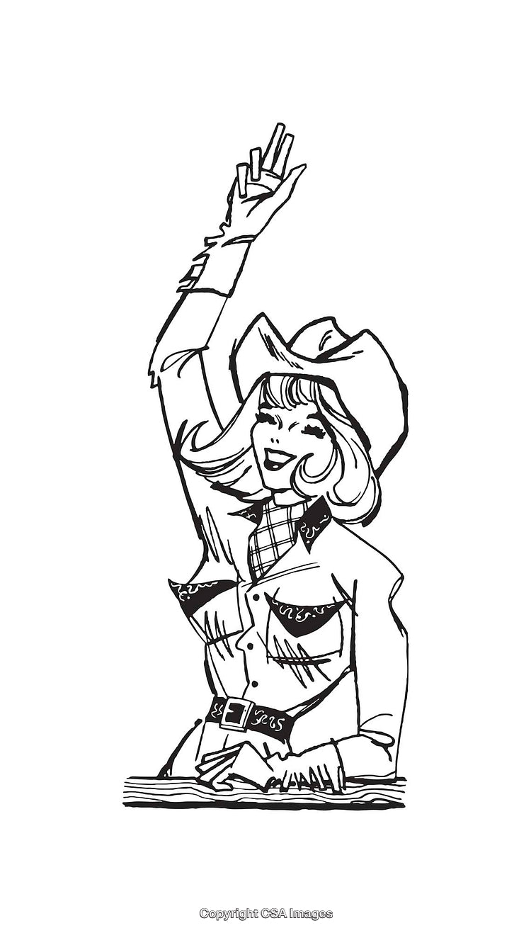 Smiling Cowgirl Making a Peace Sign Hand Gesture in Line Art Style