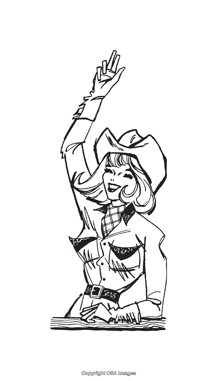 Smiling Cowgirl Making a Peace Sign Hand Gesture in Line Art Style