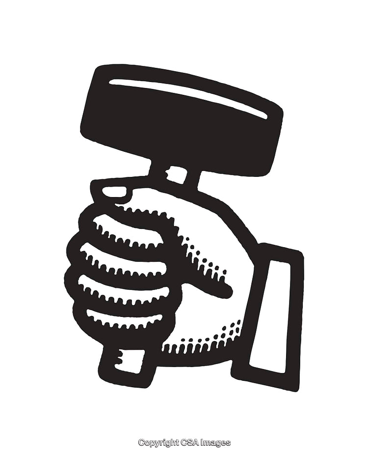 Black and White Line Art Illustration of a Hand Holding a Tool