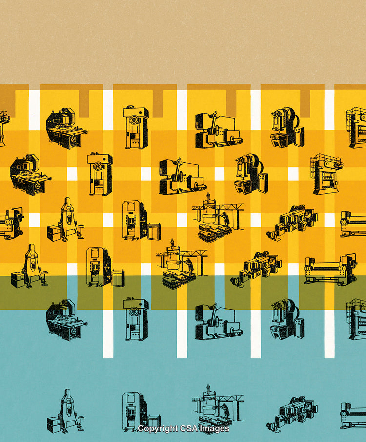 Colorful Illustration of Vintage Industrial Machines on Checkered Background