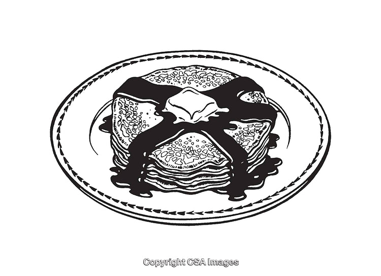Black And White Line Art of Pancakes With Syrup and Butter on Plate