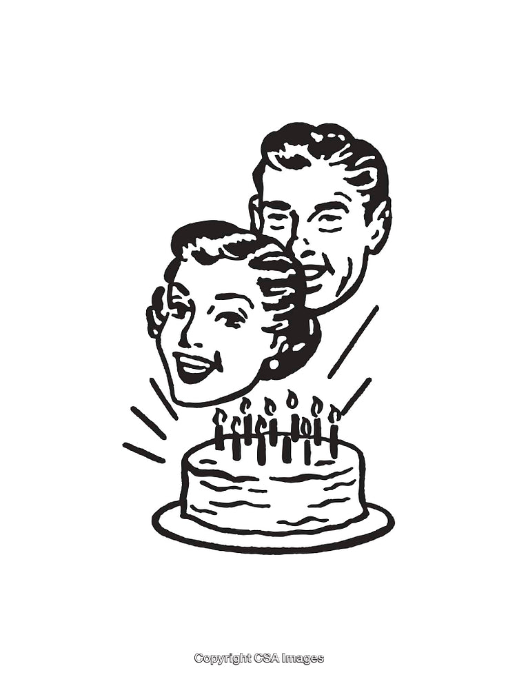 Retro Black And White Illustration of Couple Celebrating With Birthday Cake
