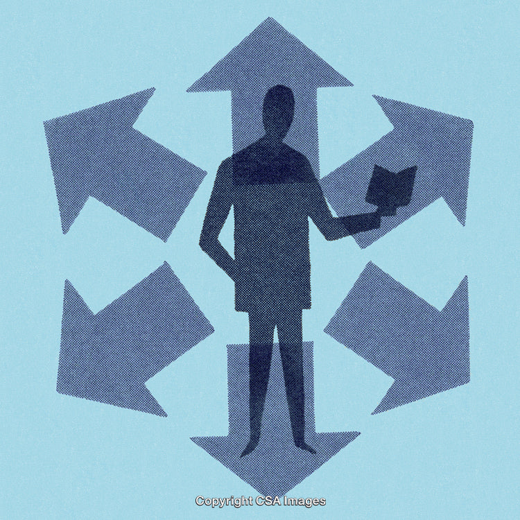 Silhouette with Arrow Directions Depicting Decision Making and Choices