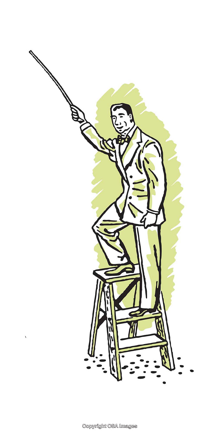 Vintage Illustration of a Man on a Ladder Holding a Pointer