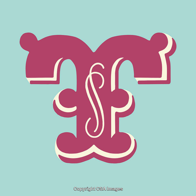 Stylized Letter T Illustration with Decorative Details and Bold Colors