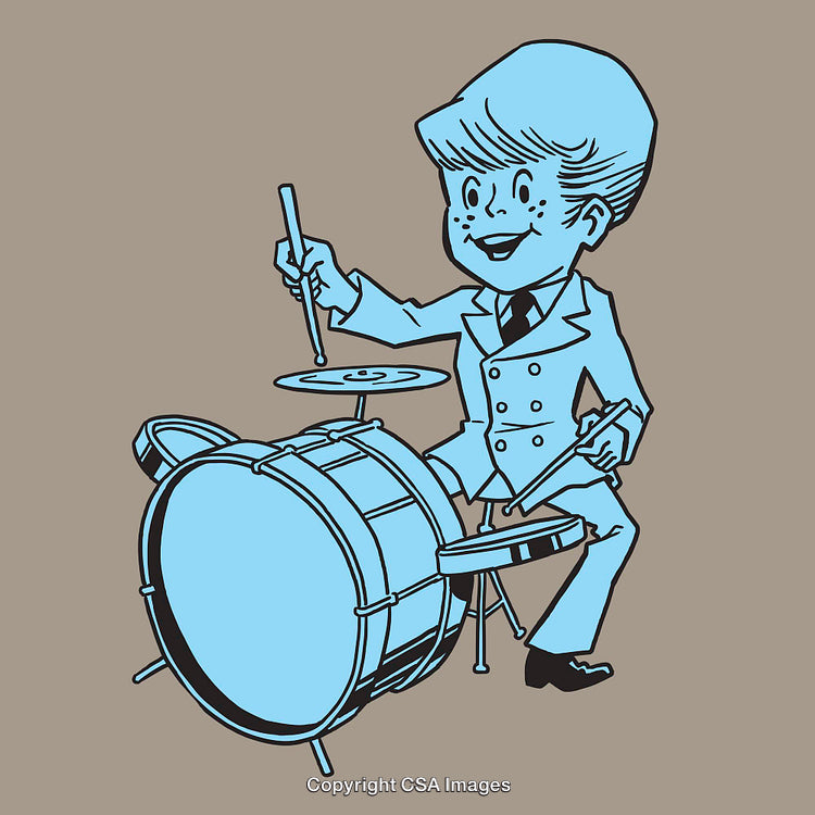 Retro Style Cartoon Boy Playing Drums in a Blue Color Scheme