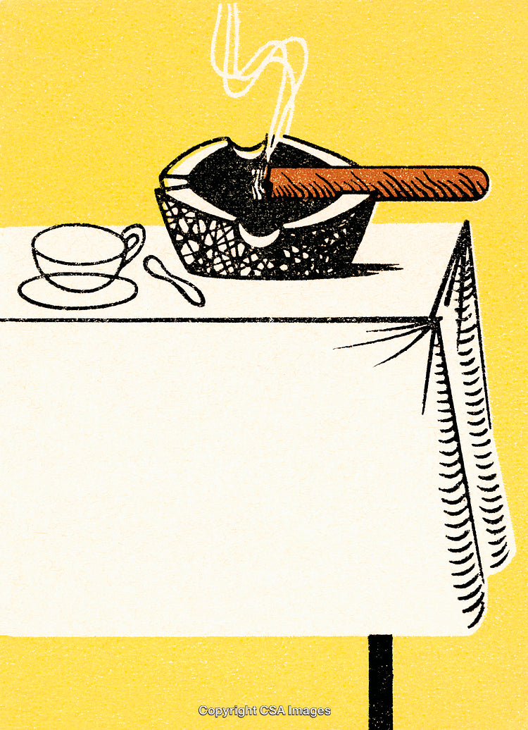 Illustration of Smoking Cigar in Ashtray with Coffee Cup on Tablecloth