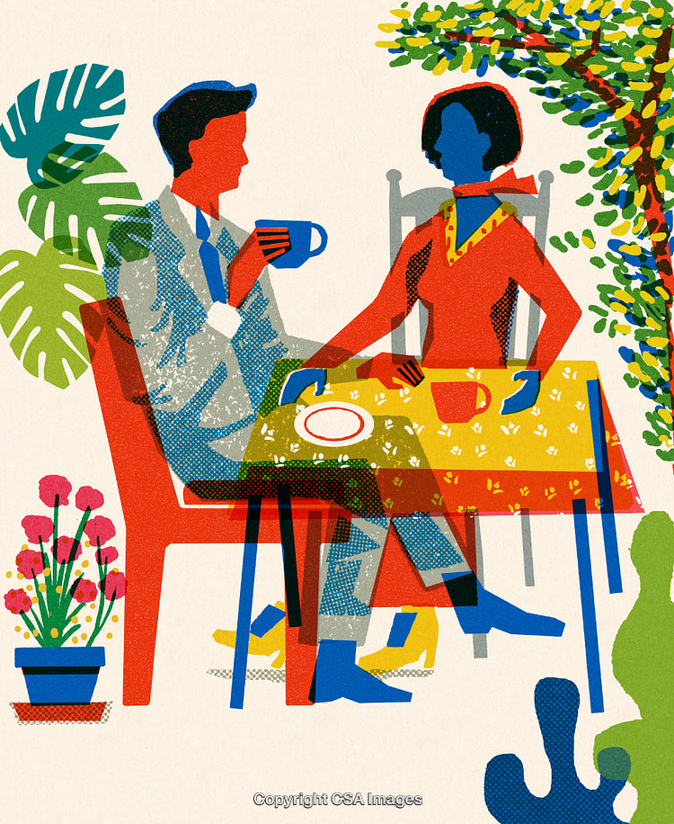 Colorful Illustration of Friends Enjoying Coffee Together at a Vibrant Outdoor Setting