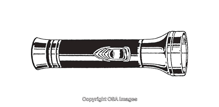 Black and White Line Art Illustration of a Flashlight on White Background