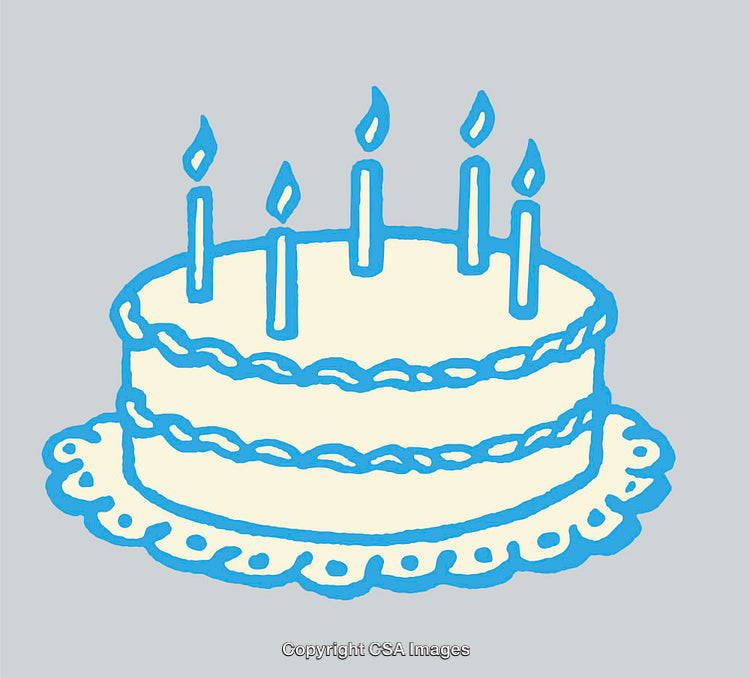 Blue Outline Illustration of a Birthday Cake with Five Candles