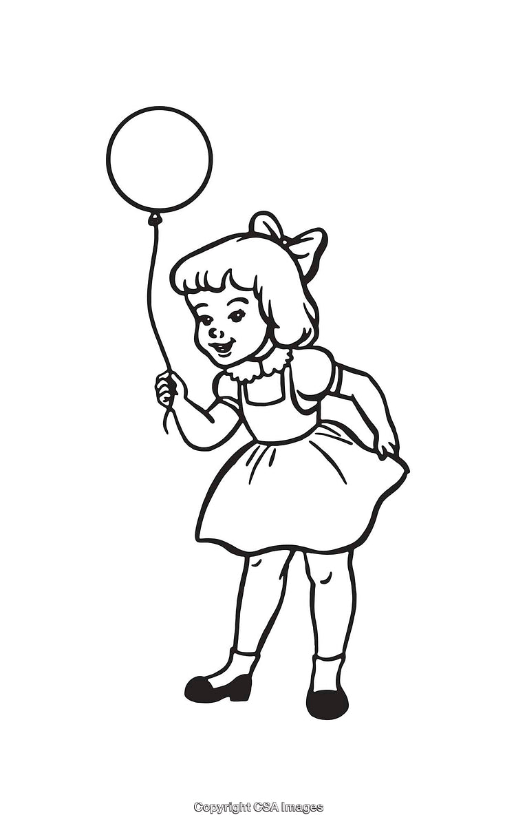 Vintage Black and White Line Art of Girl with Balloon