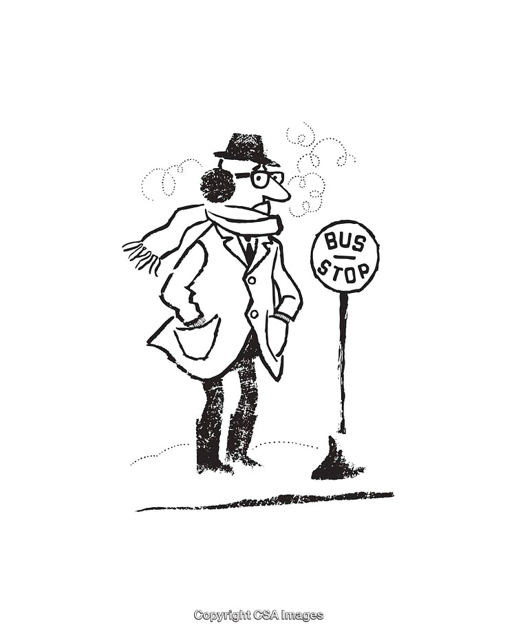 Black and White Line Art of Man at Bus Stop in Winter