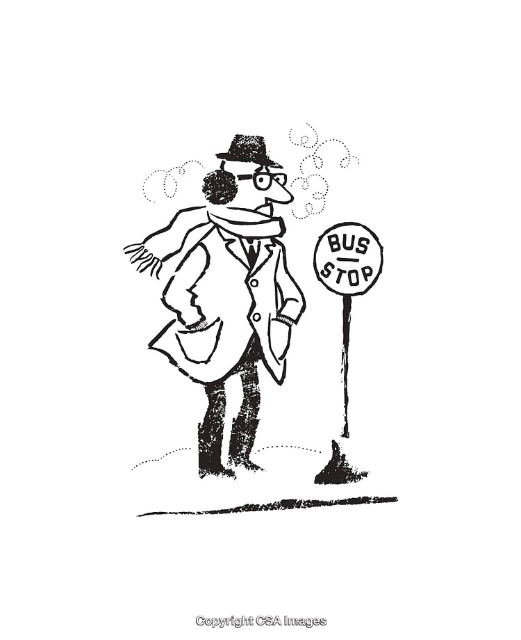 Black and White Line Art of Man at Bus Stop in Winter