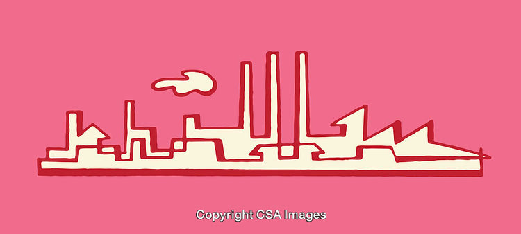 Abstract Factory Illustration Depicting Industrial Skyline With Bold Pink Background
