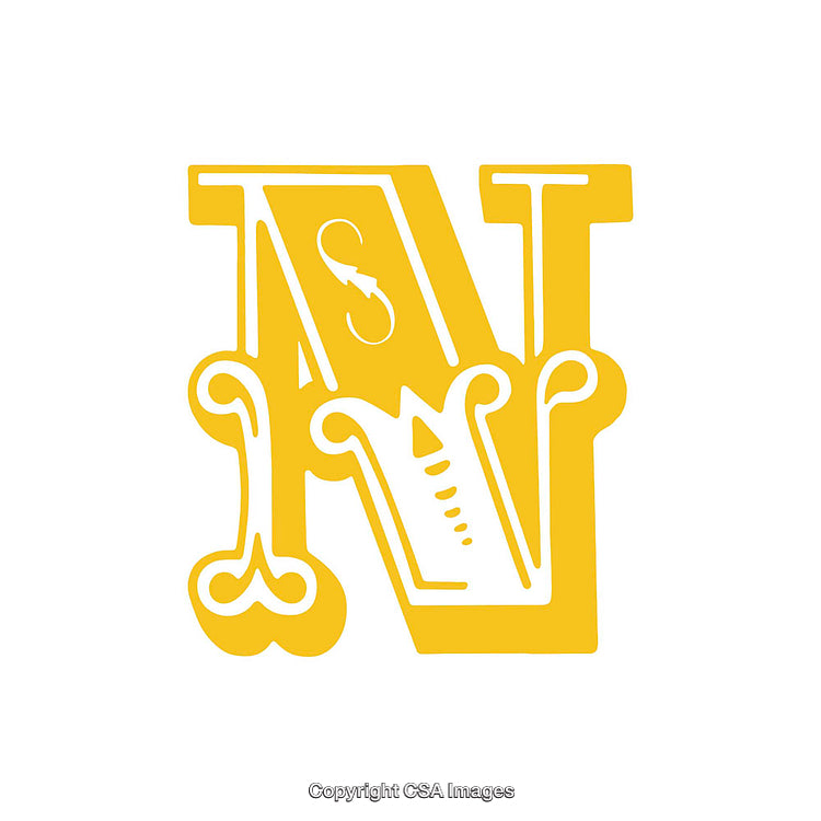 Ornate Yellow Letter N Design with Intricate Patterns and Flourishes