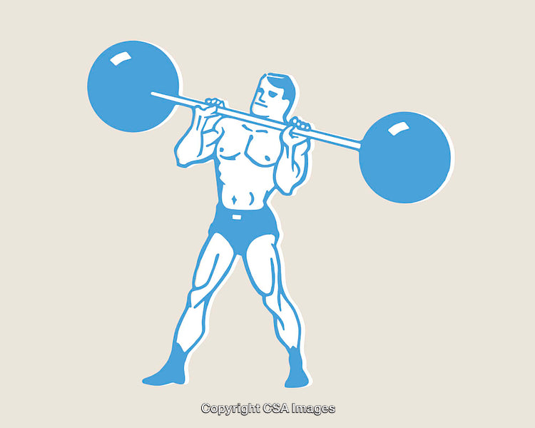 Retro Style Blue Line Art Male Weightlifter Performing Squat Exercise