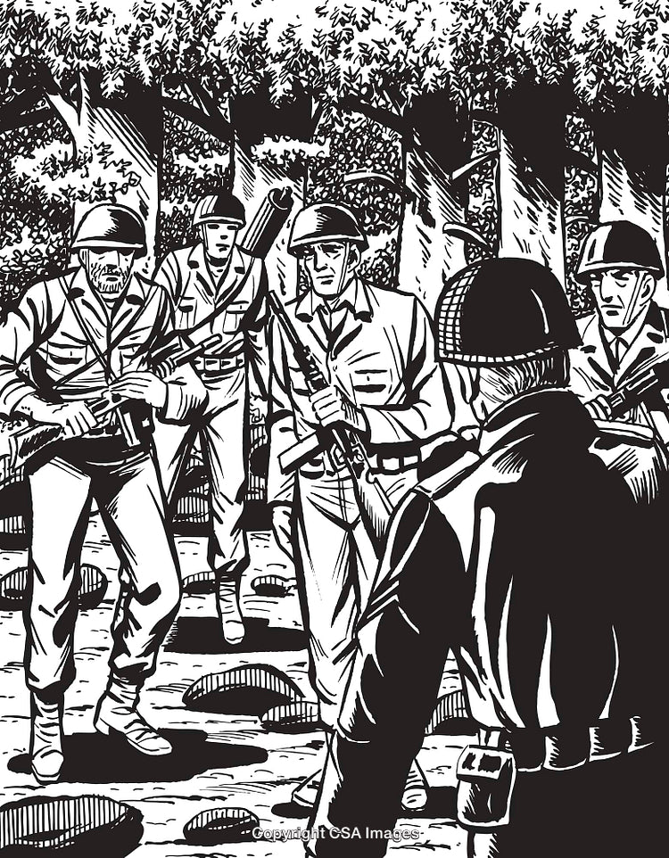 Black and White Illustration of Soldiers on a Strategic Mission in the Woods