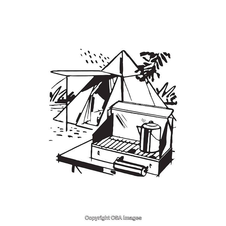 Black And White Illustration of a Tent and Camping Cooking Setup