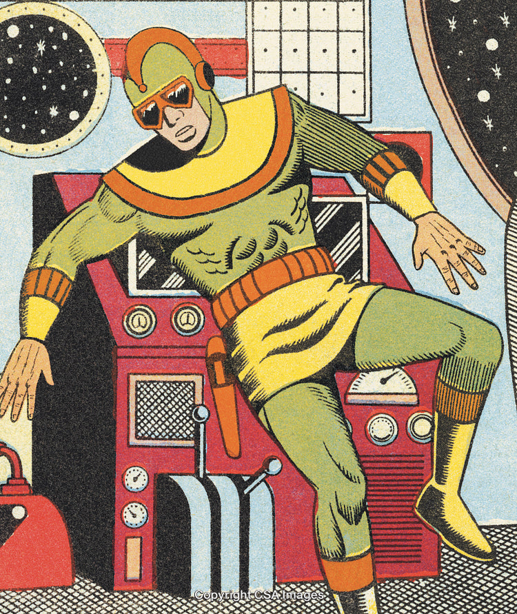 Retro Sci-Fi Comic Art of a Spaceman in a Futuristic Spaceship