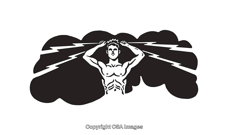 Black and White Illustration of Empowerment Through Lightning and Strength