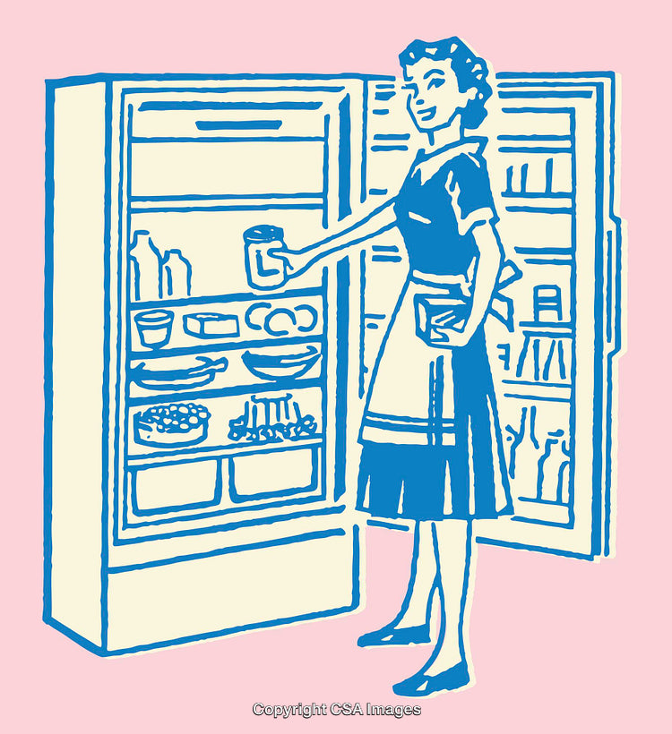 Vintage Style Illustration of Woman Organizing Refrigerator at Home in Retro Colors