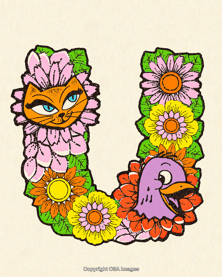 Vibrant Illustrated Letter U with Floral and Animal Elements