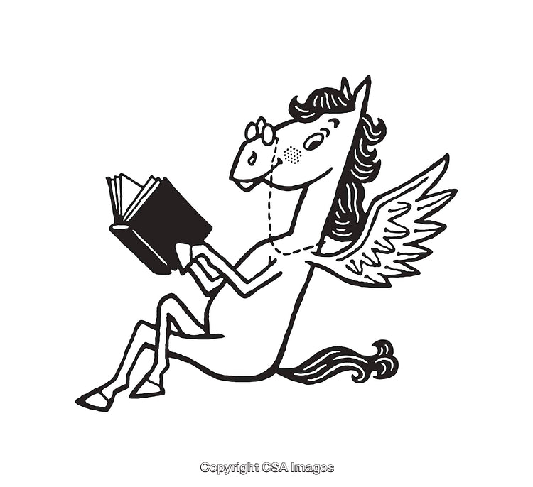 Whimsical Pegasus Reading a Book in Black and White Line Art