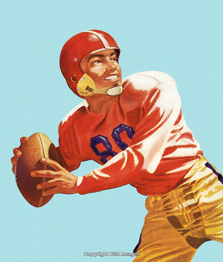 Retro American Football Player Holding Ball in Action Pose Illustration
