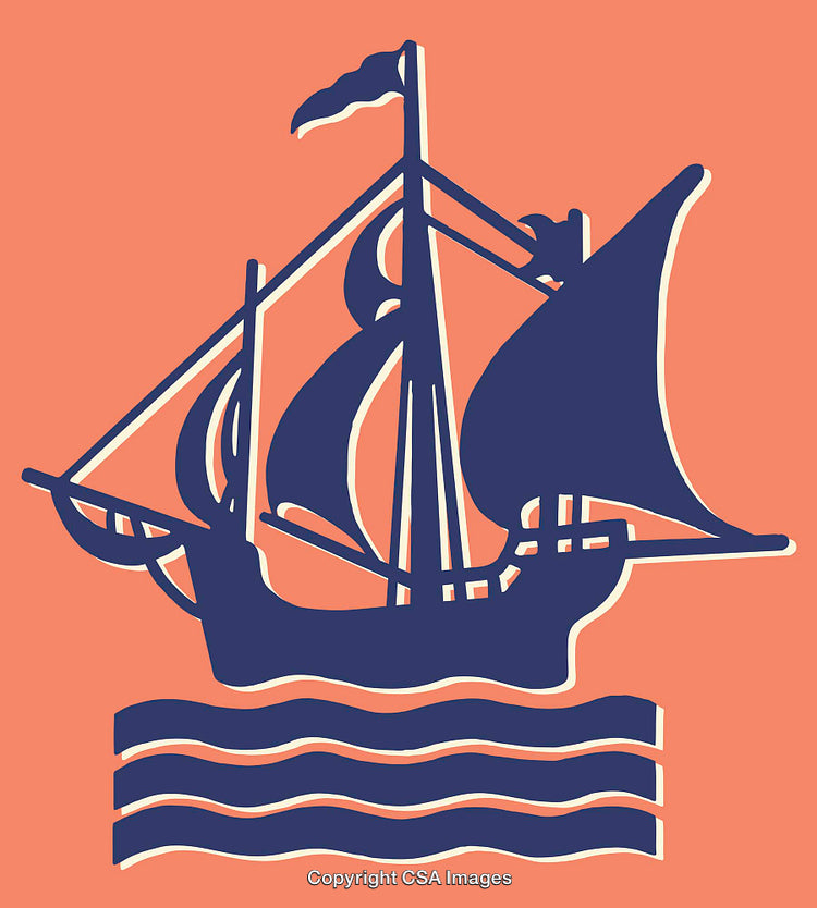 Stylized Sailboat Illustration on Vibrant Coral Background with Line Art Design
