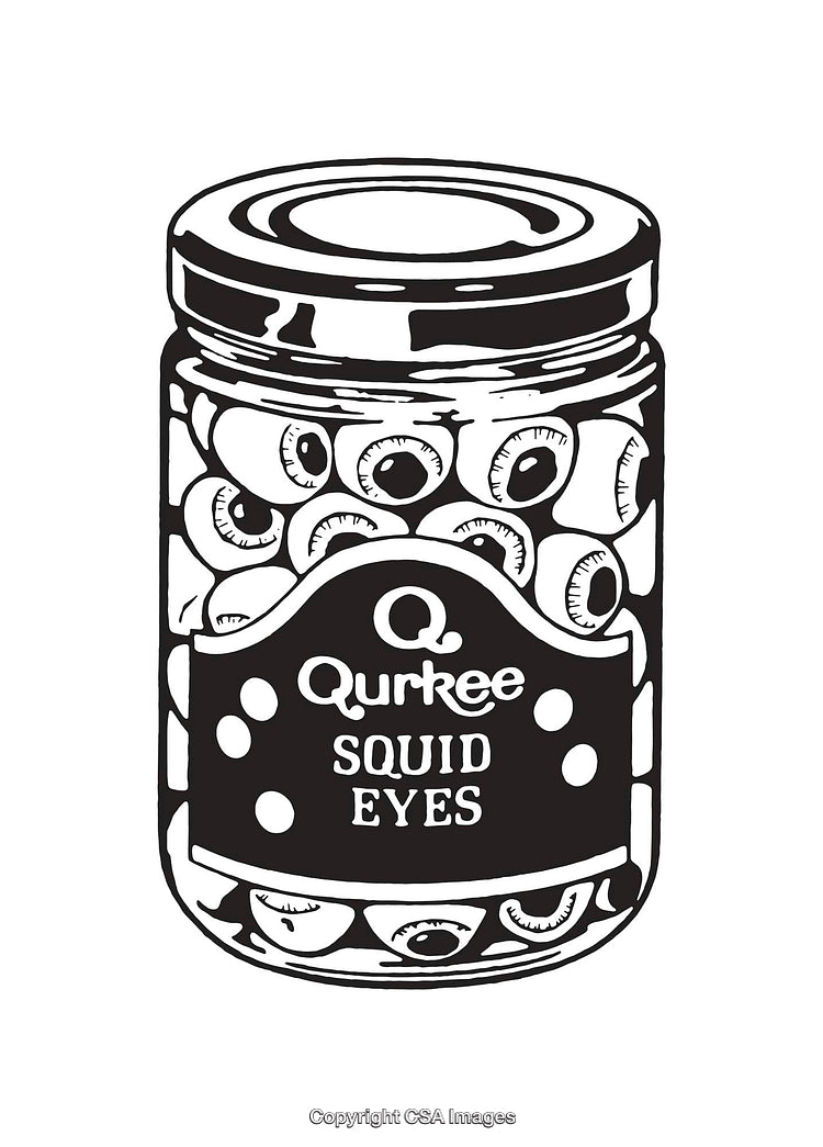 Black and White Line Art of a Jar Labeled Squid Eyes