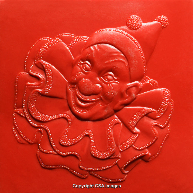 Embossed Red Artwork Depicting a Cheerful Clown in Dramatic Details