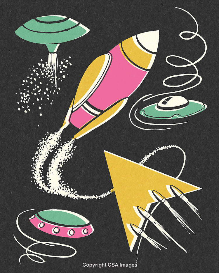 Retro Space Illustration Featuring Rocket and UFOs in Vibrant Colors